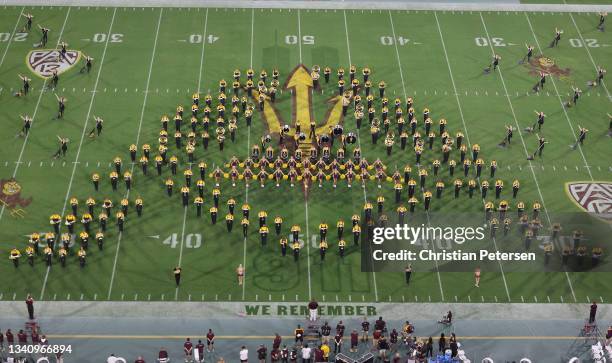 The Arizona State Sun Devils marching band performs before NCAAF game against the UNLV Rebels at Sun Devil Stadium on September 11, 2021 in Tempe,...