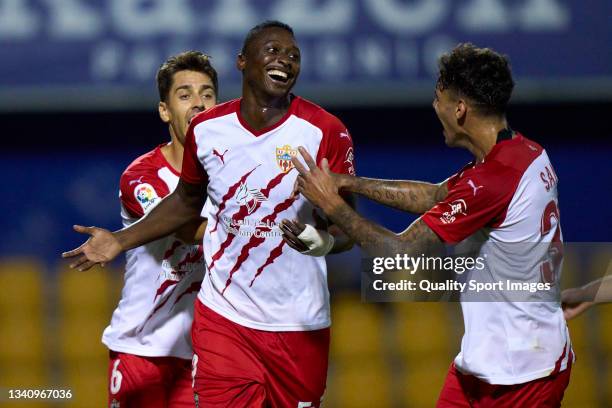 Umar Sadiq of UD Almeria celebrates after scoring his team's third goal during the LaLiga Smartbank match between AD Alcorcon and UD Almeria at...