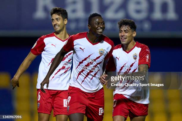 Umar Sadiq of UD Almeria celebrates after scoring his team's third goal during the LaLiga Smartbank match between AD Alcorcon and UD Almeria at...