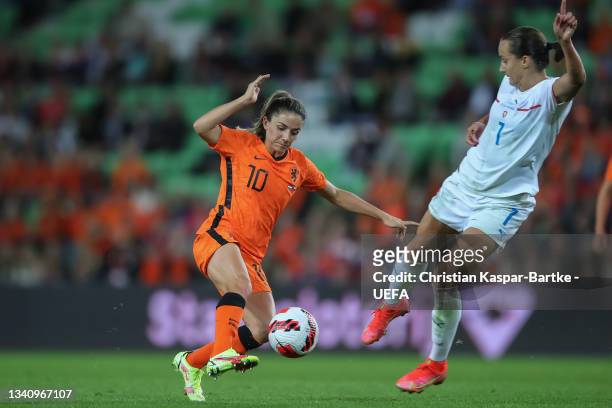 Danielle van de Donk of Netherlands challenges Lucie Martinkova of Czech Republic during the FIFA Women's World Cup 2023 Qualifier group C match...
