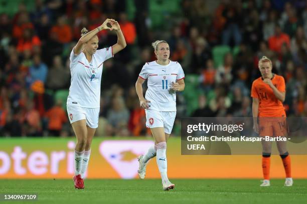Andrea Staskova of Czech Republic celebrates after scoring their side`s first goal during the FIFA Women's World Cup 2023 Qualifier group C match...
