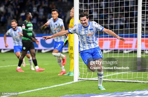 Jurgen Ekkelenkamp of Hertha Berlin celebrates a goal which was changed to an own goal by Maximilian Bauer of Greuther Fürth during the Bundesliga...