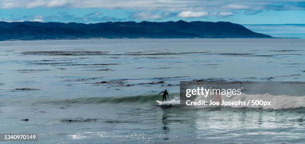 man surfing in sea against sky,cayucos,california,united states,usa - cayucos stockfoto's en -beelden