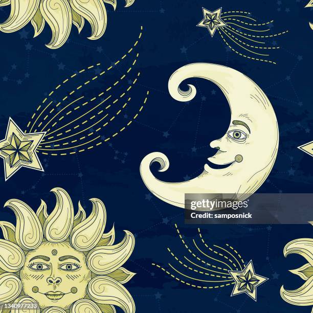 sun moon celestial night sky seamless pattern - celestial-sun-moon-and-stars-background stock illustrations