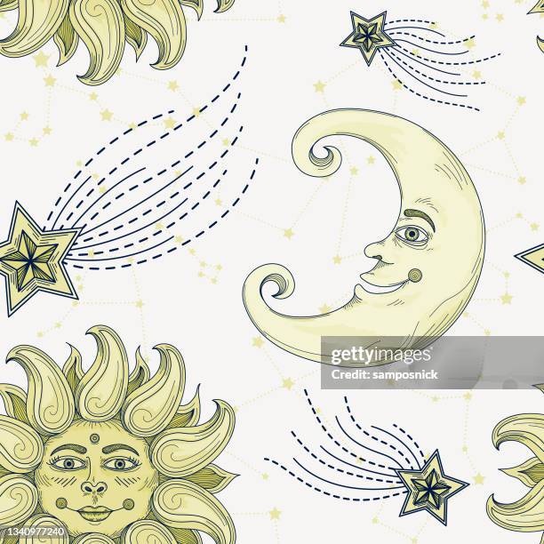 sun moon celestial night sky seamless pattern - celestial-sun-moon-and-stars-background stock illustrations