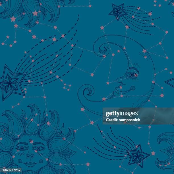 sun moon celestial night sky seamless pattern - celestial-sun-moon-and-stars-background stock illustrations