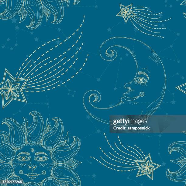 sun moon celestial night sky seamless pattern - celestial-sun-moon-and-stars-background stock illustrations