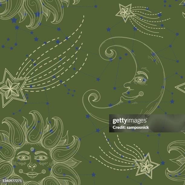 sun moon celestial night sky seamless pattern - celestial-sun-moon-and-stars-background stock illustrations
