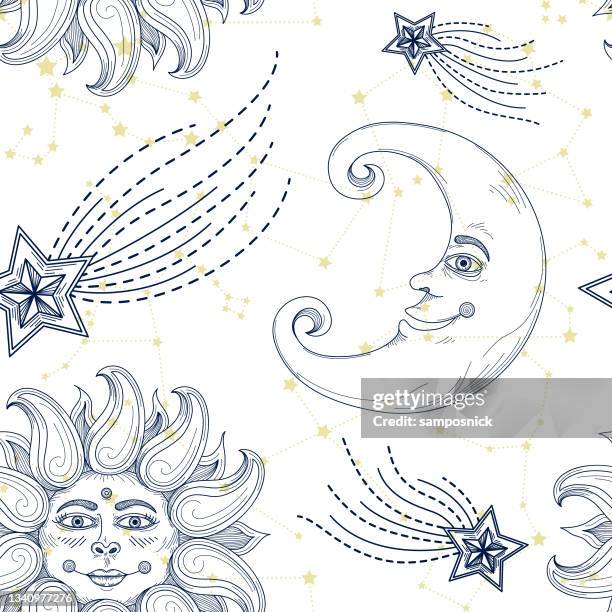 sun moon celestial night sky seamless pattern - celestial-sun-moon-and-stars-background stock illustrations