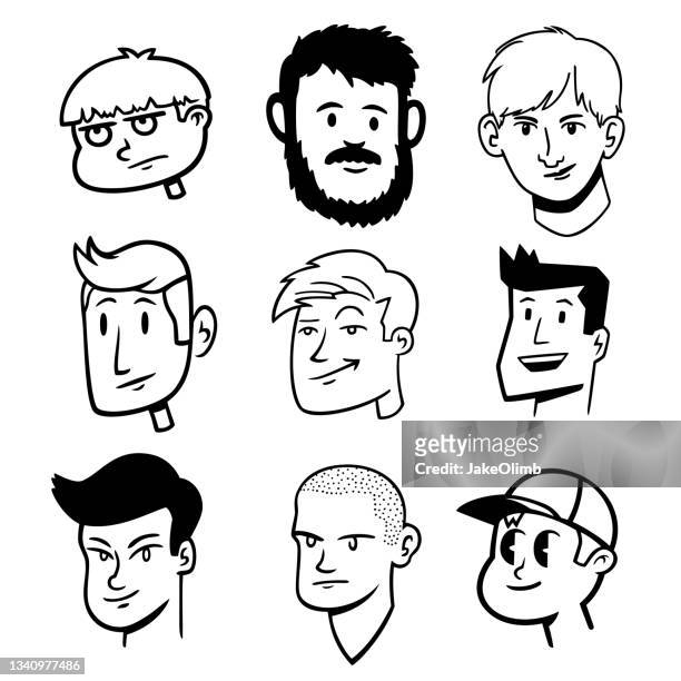 illustrations, cliparts, dessins animés et icônes de face doodle set 1 - jeunes garçons