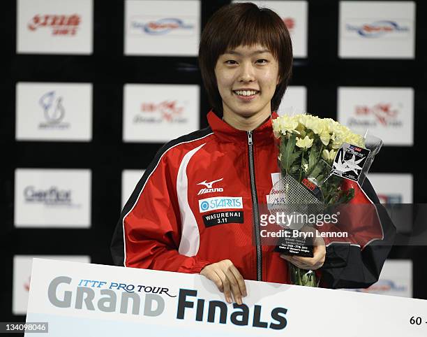Kasumi Ishikawa of Japan stands on the podium after winning the Women's Under 21 Singles Final against Ji Hee Jeon of Korea during day two of the...