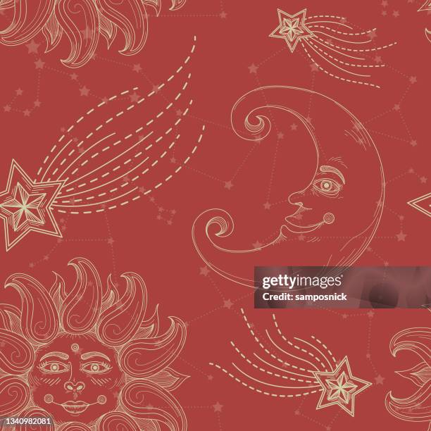 sun moon celestial night sky seamless pattern - celestial-sun-moon-and-stars-background stock illustrations