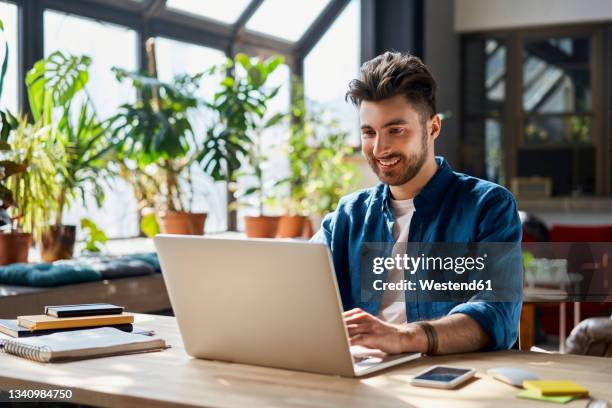 smiling male professional working on laptop at desk in office - man using laptop stock pictures, royalty-free photos & images