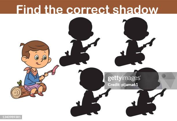 find the correct shadow game for children, kid on camping trip - finding stock illustrations