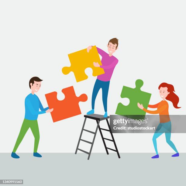 people connecting puzzle elements - multiple electronic devices stock illustrations