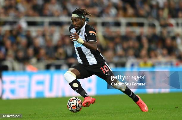 Newcastle player Allan Saint-Maximin in action during the Premier League match between Newcastle United and Leeds United at St. James Park on...