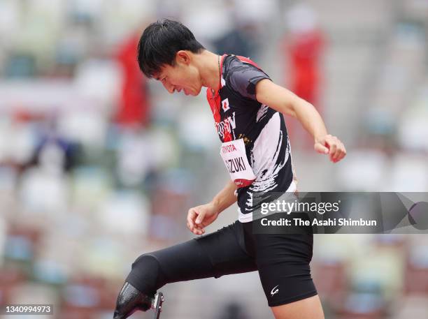 Toru Suzuki of Team Japan reacts while competing in the Athletics Men's High Jump - T64 Final on day 10 of the Tokyo 2020 Paralympic Games at Olympic...