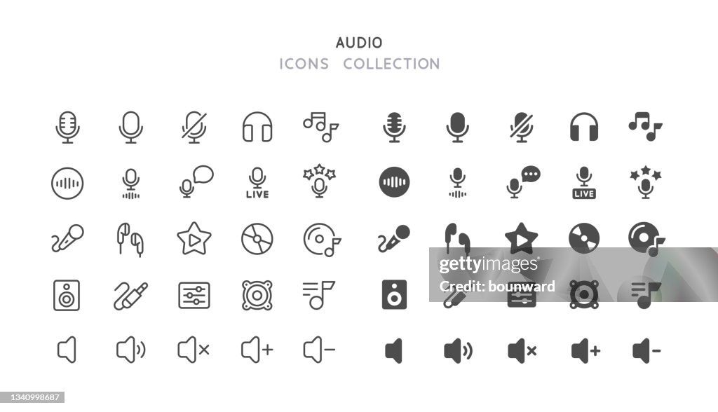 Iconos de audio plano y de línea
