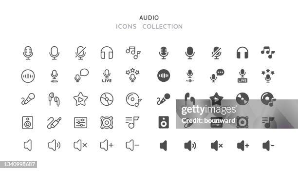 ilustraciones, imágenes clip art, dibujos animados e iconos de stock de iconos de audio plano y de línea - encender o apagar