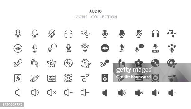 ilustrações de stock, clip art, desenhos animados e ícones de line & flat audio icons - auscultador equipamento áudio