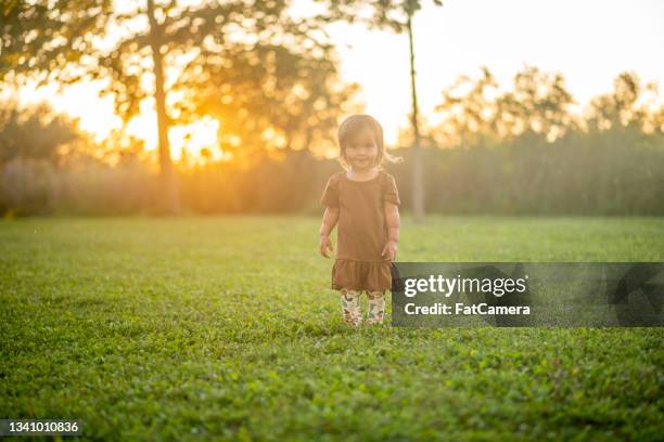 sweet little toddler walking in the grass - baby girls stock pictures, royalty-free photos & images
