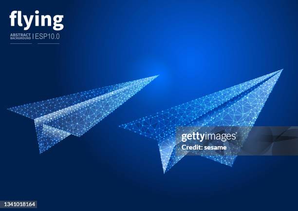 flying paper airplane, vector abstract low polygon dot lines connected paper airplane background - virtual support stock illustrations