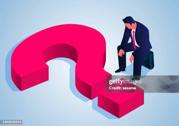 stockillustraties, clipart, cartoons en iconen met encountered problems and troubles, frustrations and disappointments, isometric businessman sitting on briefcase facing the question mark - bestuursvoorzitter