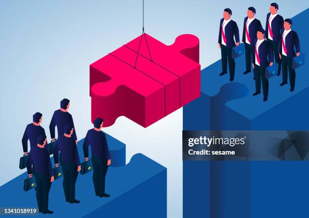 team jigsaw and connection, isometric installation of jigsaw puzzles to complete the connection of the team bridge - ambassador vector stock illustrations