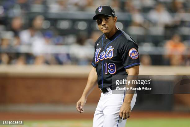 Manager Luis Rojas of the New York Mets looks on during the eighth inning against the Philadelphia Phillies at Citi Field on September 17, 2021 in...