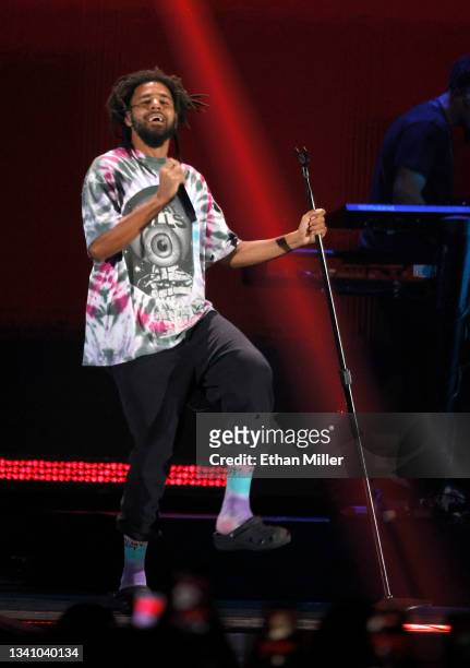Recording Artist J. Cole performs onstage during the 2021 iHeartRadio Music Festival on September 17, 2021 at T-Mobile Arena in Las Vegas, Nevada.