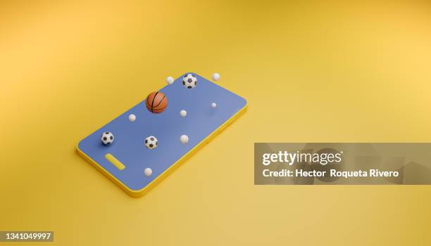 3d image of mobile phone with basketball and soccer balls on yellow isolated background, concept sport - blues media call and training stock pictures, royalty-free photos & images