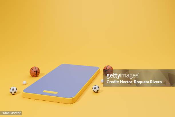 3d image of mobile phone with basketball and soccer balls on yellow isolated background, concept sport - football phone foto e immagini stock