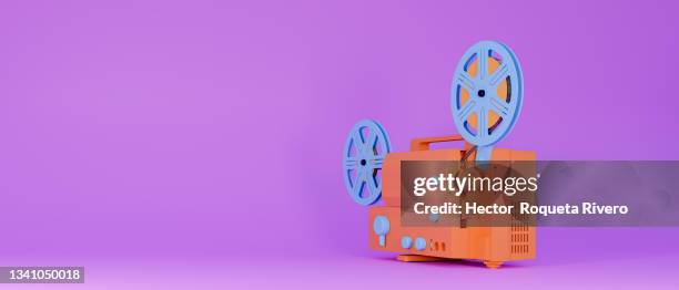 3d illustration of old video camera, purple and orange colors, concept photography - film director illustration stock pictures, royalty-free photos & images