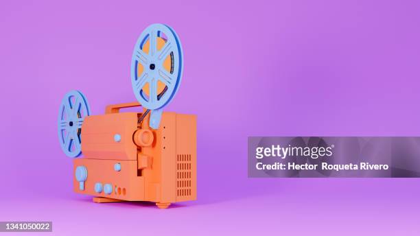 3d illustration of old video camera, purple and orange colors, concept photography - clap de cinéma photos et images de collection