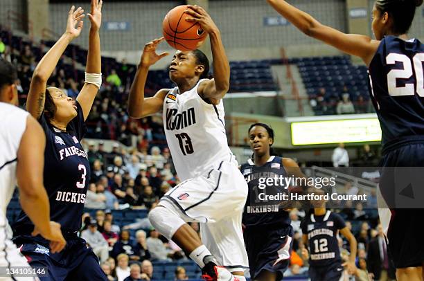 UConn's Brianna Banks drives the lane for two against Fairleigh Dickinson during the second half as UConn Huskies beat Fairleigh Dickinson Knights...