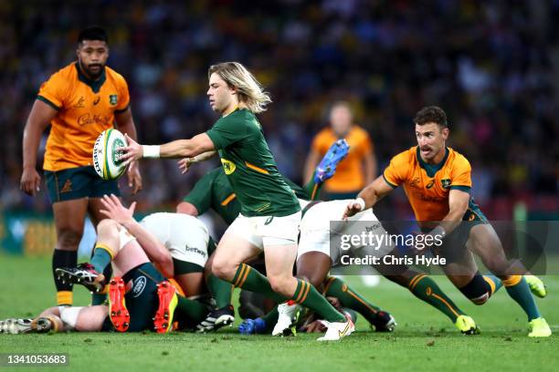 Faf de Klerk of South Africa kicks the ball through during The Rugby Championship match between the Australian Wallabies and the South Africa...