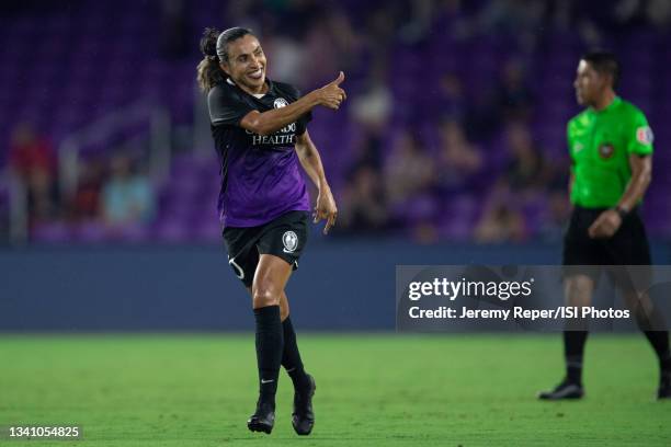 Marta of the Orlando Pride celebrates her goal during a game between Racing Louisville FC and Orlando Pride at Exploria Stadium on September 11, 2021...