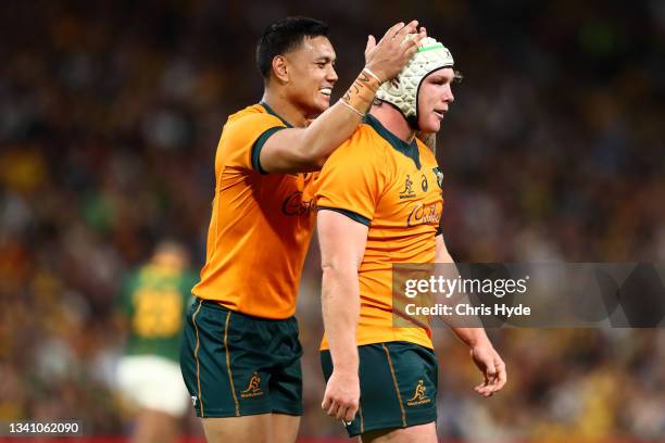 Len Ikitau of the Wallabies celebrates with Michael Hooper of the Wallabies after receiving a penalty during The Rugby Championship match between the...