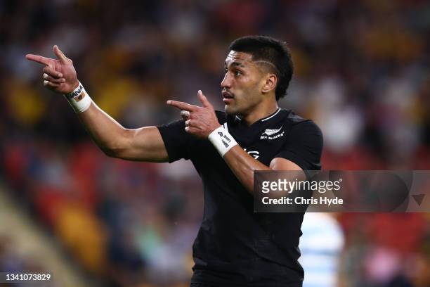 Rieko Ioane of the All Blacks celebrates a try that was later disallowed due to a forward pass during The Rugby Championship match between the...