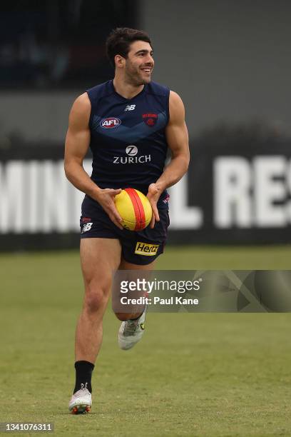 Christian Petracca of the Demons in action during a Melbourne Demons AFL training session at Lathlain Park on September 18, 2021 in Perth, Australia.
