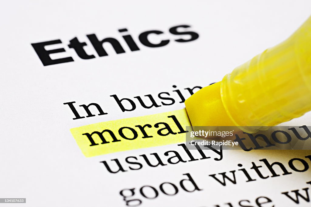 Yellow marker highlights 'moral' in Ethics document