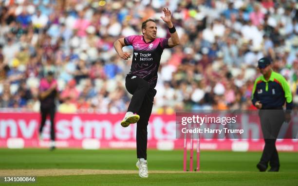 Josh Davey of Somerset celebrates the wicket of Mason Crane of Hampshire Hawks during the Semi-Final of the Vitality T20 Blast match between...