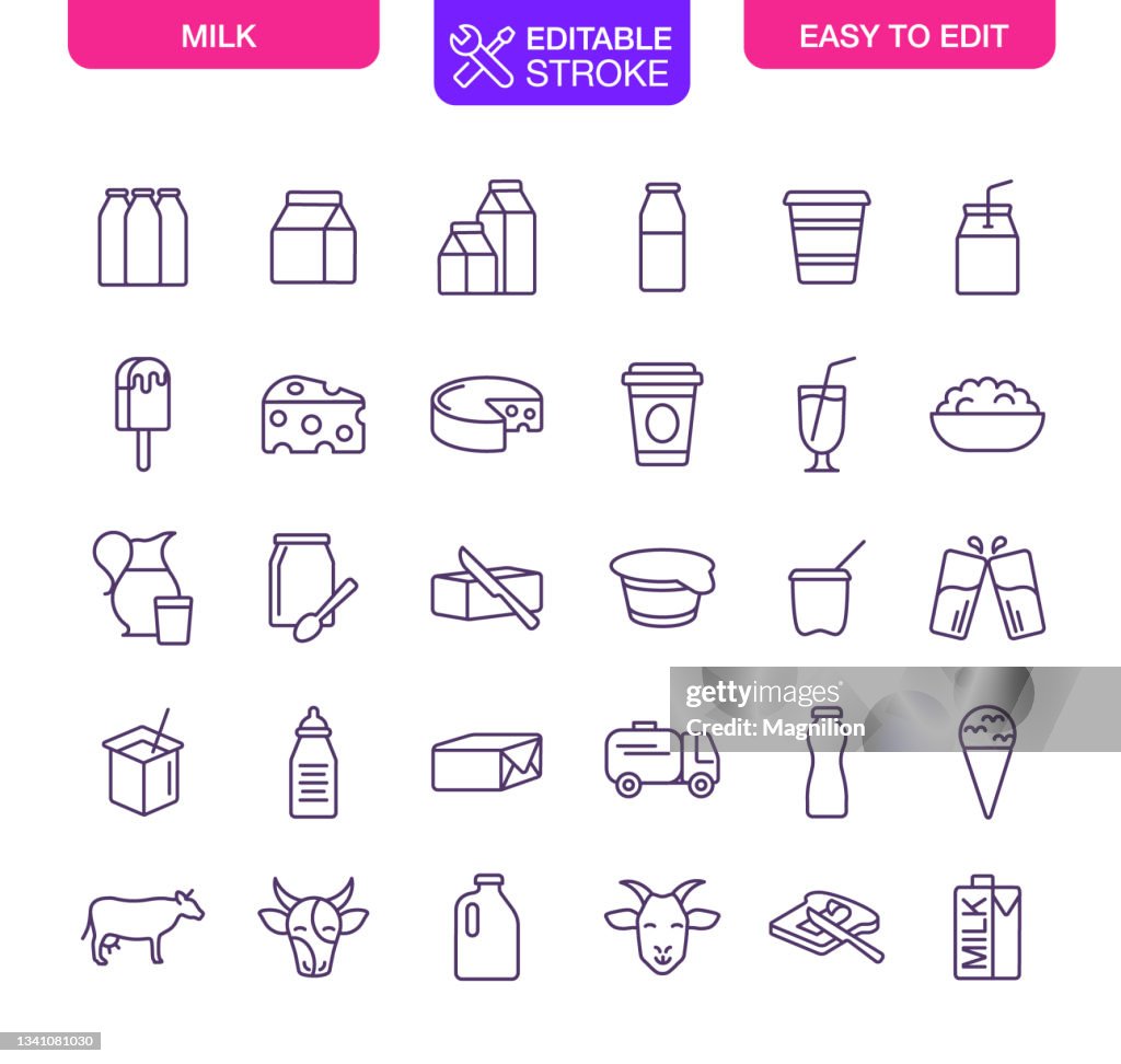 Symbole für Milch und Milchprodukte Set Bearbeitbarer Strich