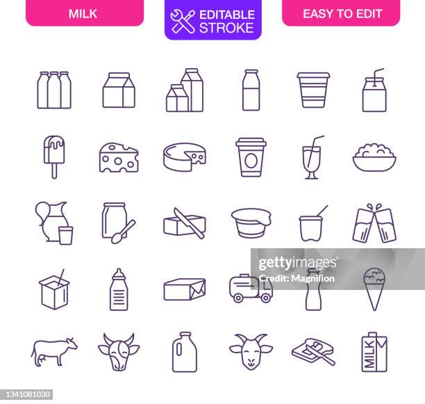 bildbanksillustrationer, clip art samt tecknat material och ikoner med milk and dairy products icons set editable stroke - paket