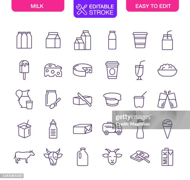 milk and dairy products icons set editable stroke - glass of milk stock illustrations