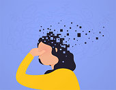 Brain damage. Woman loses part head falling apart, pixels.
