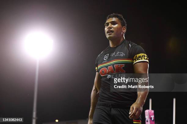 Tevita Pangai Junior of the Panthers watches on during the NRL Semifinal match between the Penrith Panthers and the Parramatta Eels at BB Print...