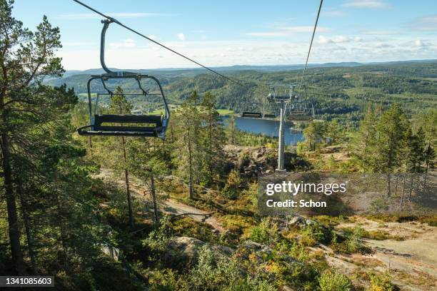 the cable car down from skuleberget in the high coast in daylight in the autumn - september stock pictures, royalty-free photos & images