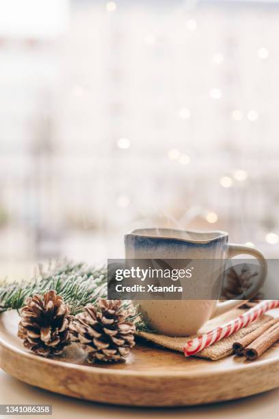 chocolate caliente con decoración navideña - christmas still life fotografías e imágenes de stock