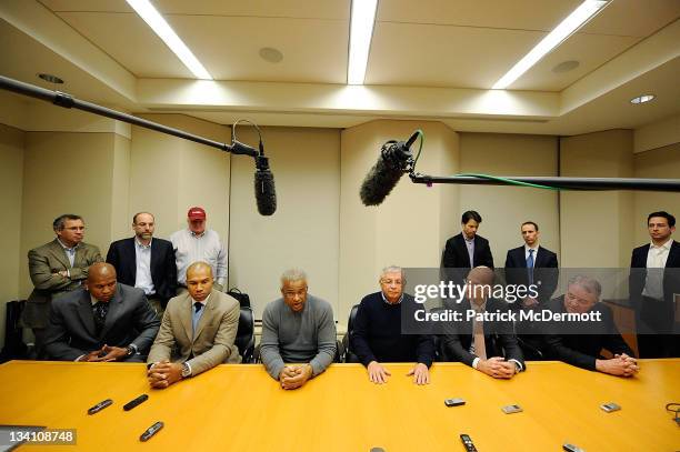 Maurice Evans, Derek Fisher, Billy Hunter, NBA Commissioner David Stern, NBA Deputy Commissioner Adam Silver, and Peter Holt speak to members of the...